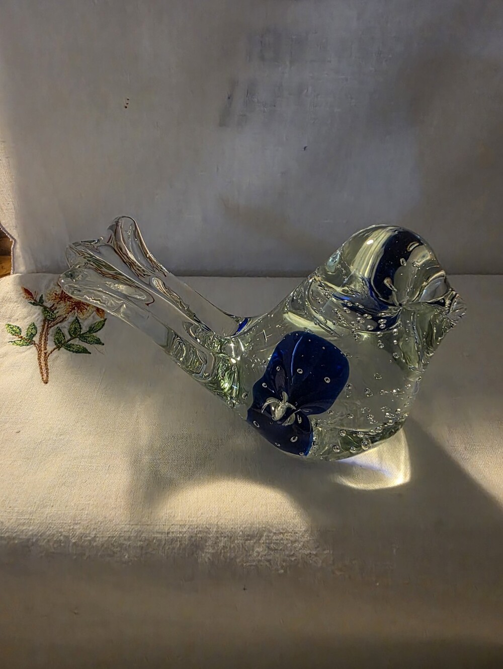 Vintage Handblown Glass Bird Figurine with Blue Accents Modern Style Murano Art